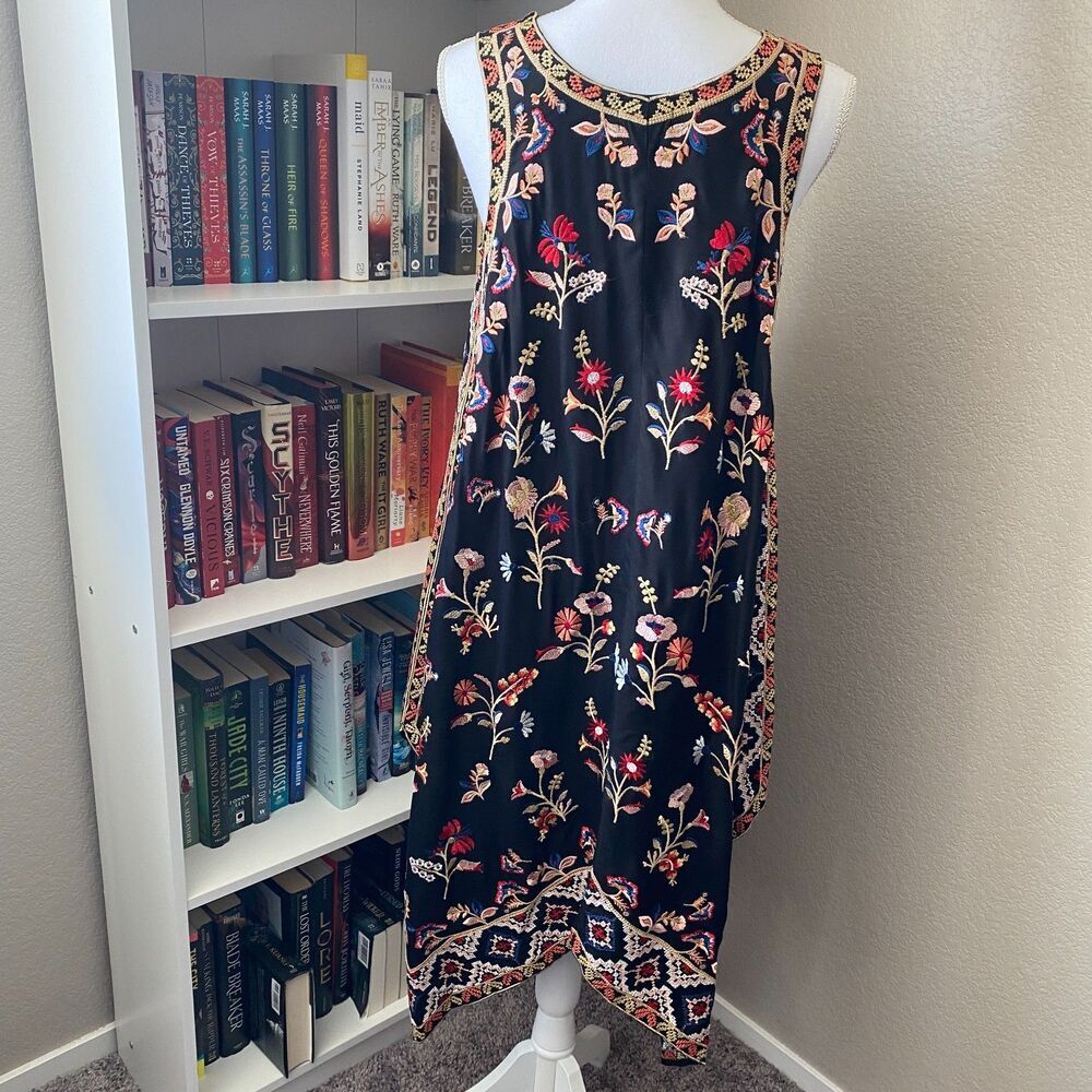 TOLANI Akeeva Black Embroidered Floral Handkerchief Slip On Midi Dress Size PXXS - Picture 8 of 12